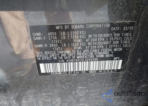 2020 Subaru Outback Premium z USA, uszkodzony, nr VIN 4S4BTAEC5L3205398